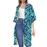 Turquoise Ethnic Aztec Trippy Print Open Front Beach Cover Up