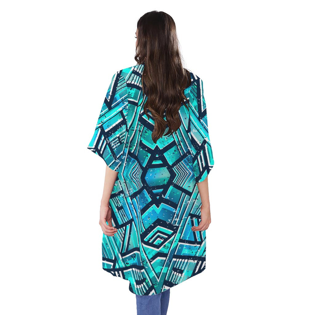 Turquoise Ethnic Aztec Trippy Print Open Front Beach Cover Up