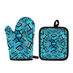 Turquoise Ethnic Aztec Trippy Print Oven Mitt And Pot Holder Set