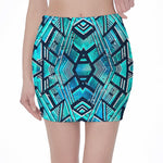 Turquoise Ethnic Aztec Trippy Print Pencil Mini Skirt
