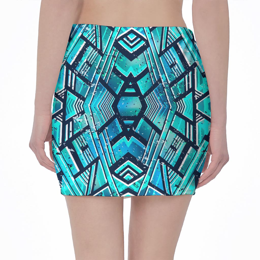 Turquoise Ethnic Aztec Trippy Print Pencil Mini Skirt