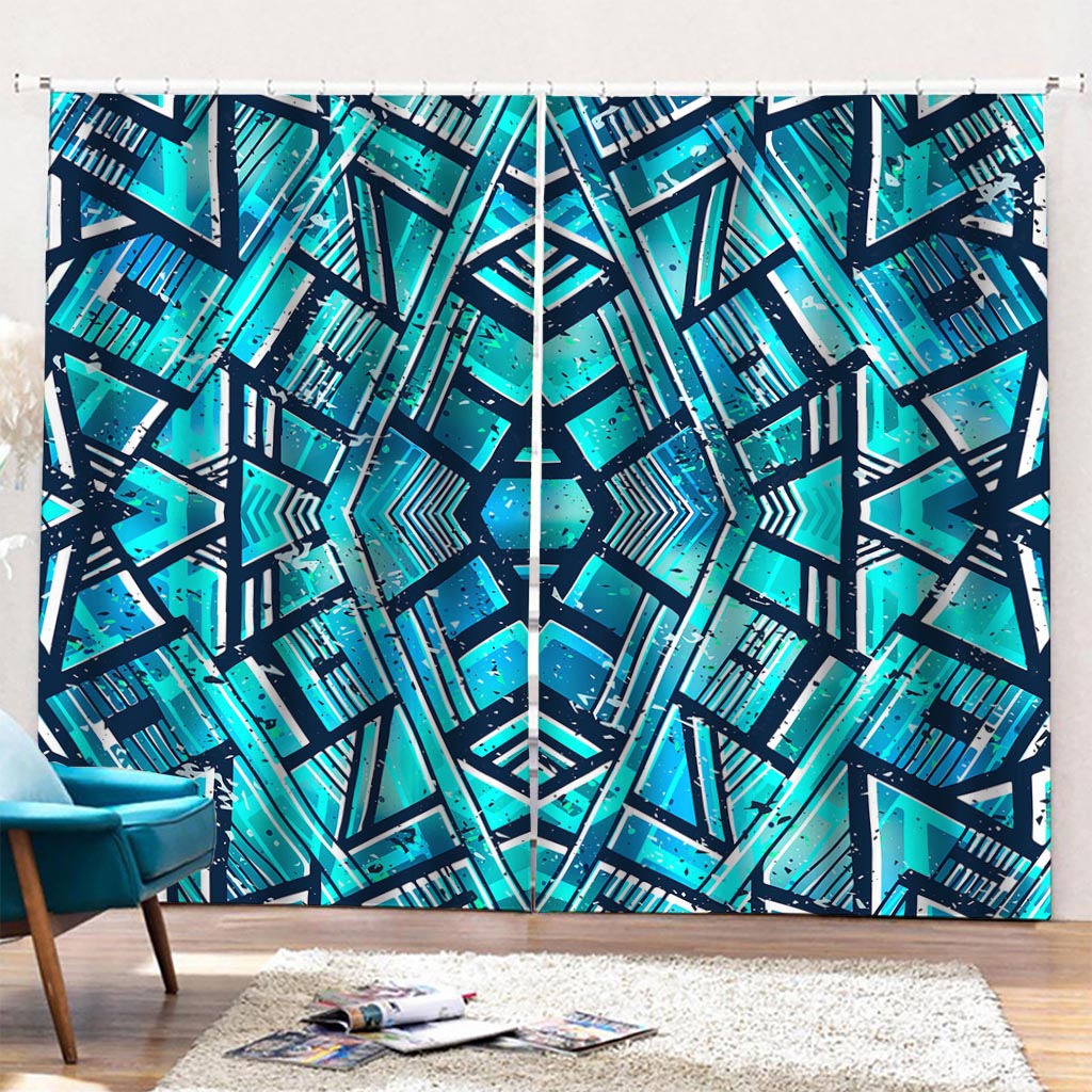 Turquoise Ethnic Aztec Trippy Print Pencil Pleat Curtains