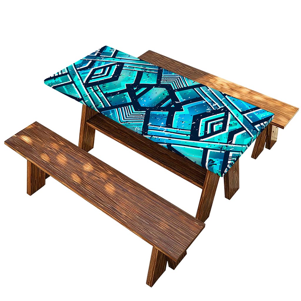 Turquoise Ethnic Aztec Trippy Print Picnic Table Cover