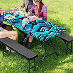 Turquoise Ethnic Aztec Trippy Print Picnic Table Cover