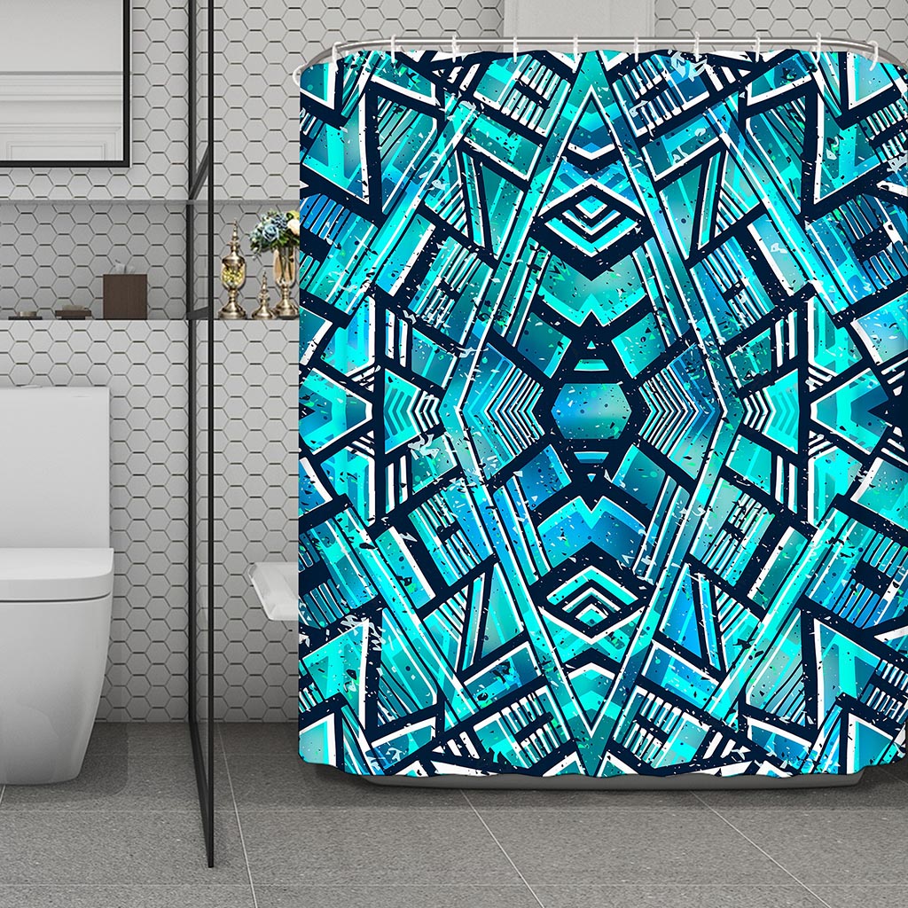 Turquoise Ethnic Aztec Trippy Print Polyester Shower Curtain