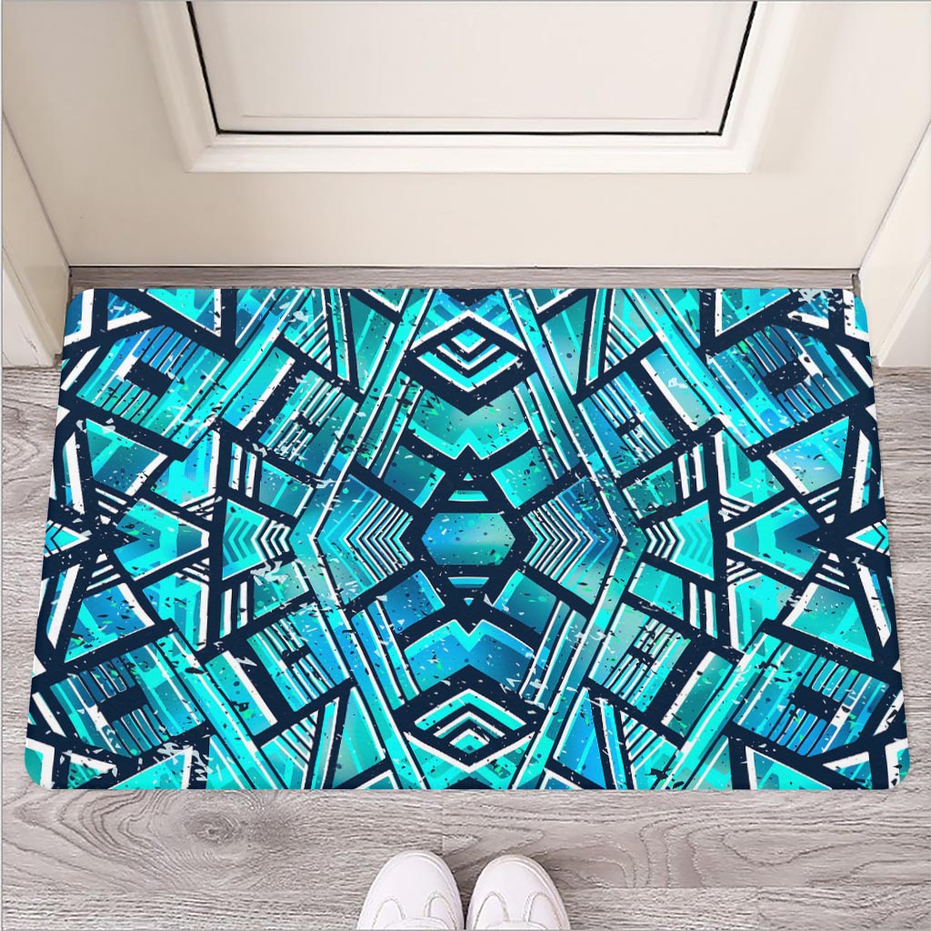 Turquoise Ethnic Aztec Trippy Print Rubber Doormat