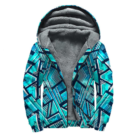 Turquoise Ethnic Aztec Trippy Print Sherpa Lined Zip Up Hoodie
