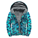 Turquoise Ethnic Aztec Trippy Print Sherpa Lined Zip Up Hoodie