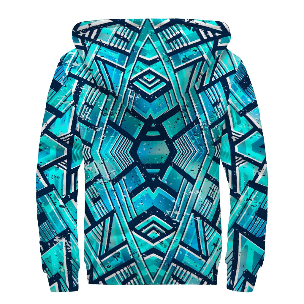 Turquoise Ethnic Aztec Trippy Print Sherpa Lined Zip Up Hoodie