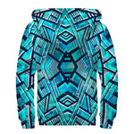 Turquoise Ethnic Aztec Trippy Print Sherpa Lined Zip Up Hoodie