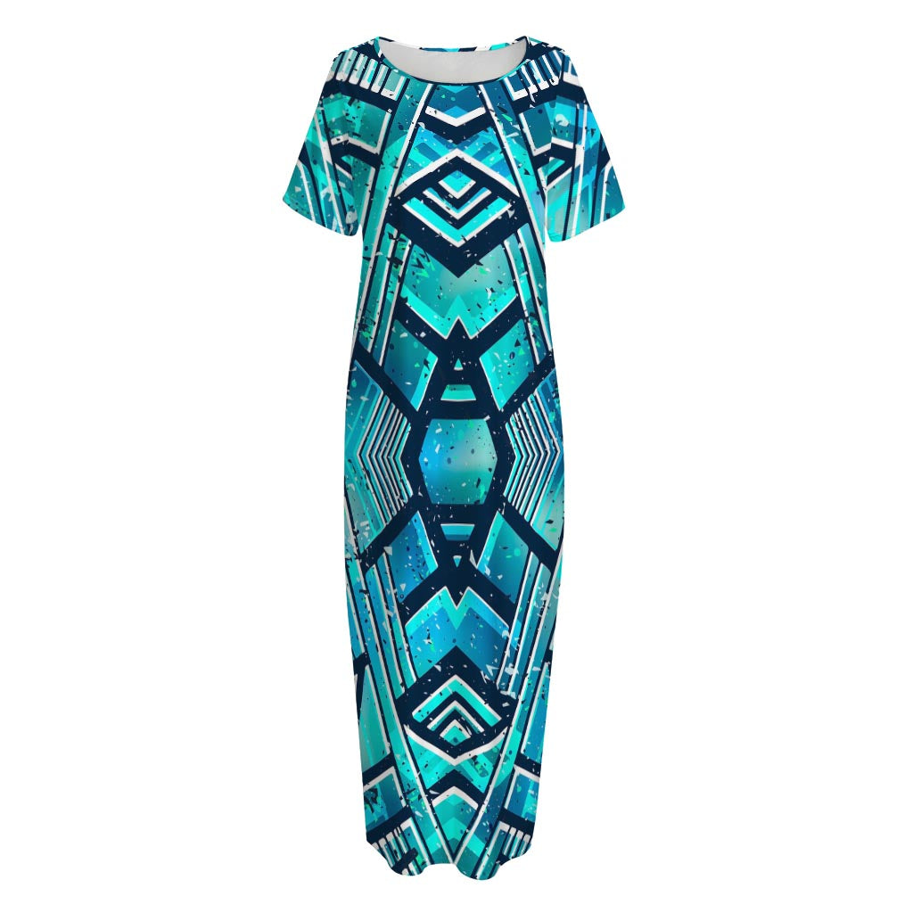 Turquoise Ethnic Aztec Trippy Print Short Sleeve Long Nightdress