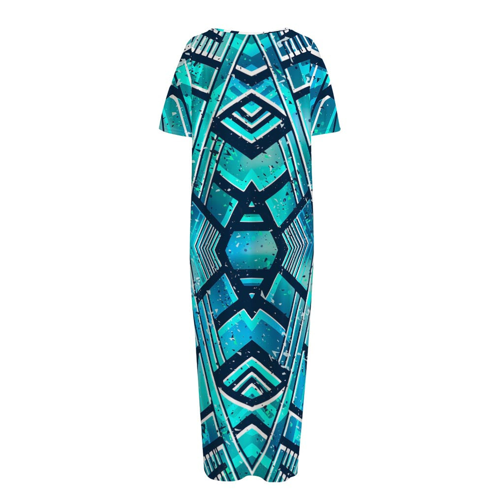 Turquoise Ethnic Aztec Trippy Print Short Sleeve Long Nightdress