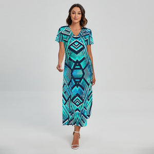 Turquoise Ethnic Aztec Trippy Print Short Sleeve Maxi Dress