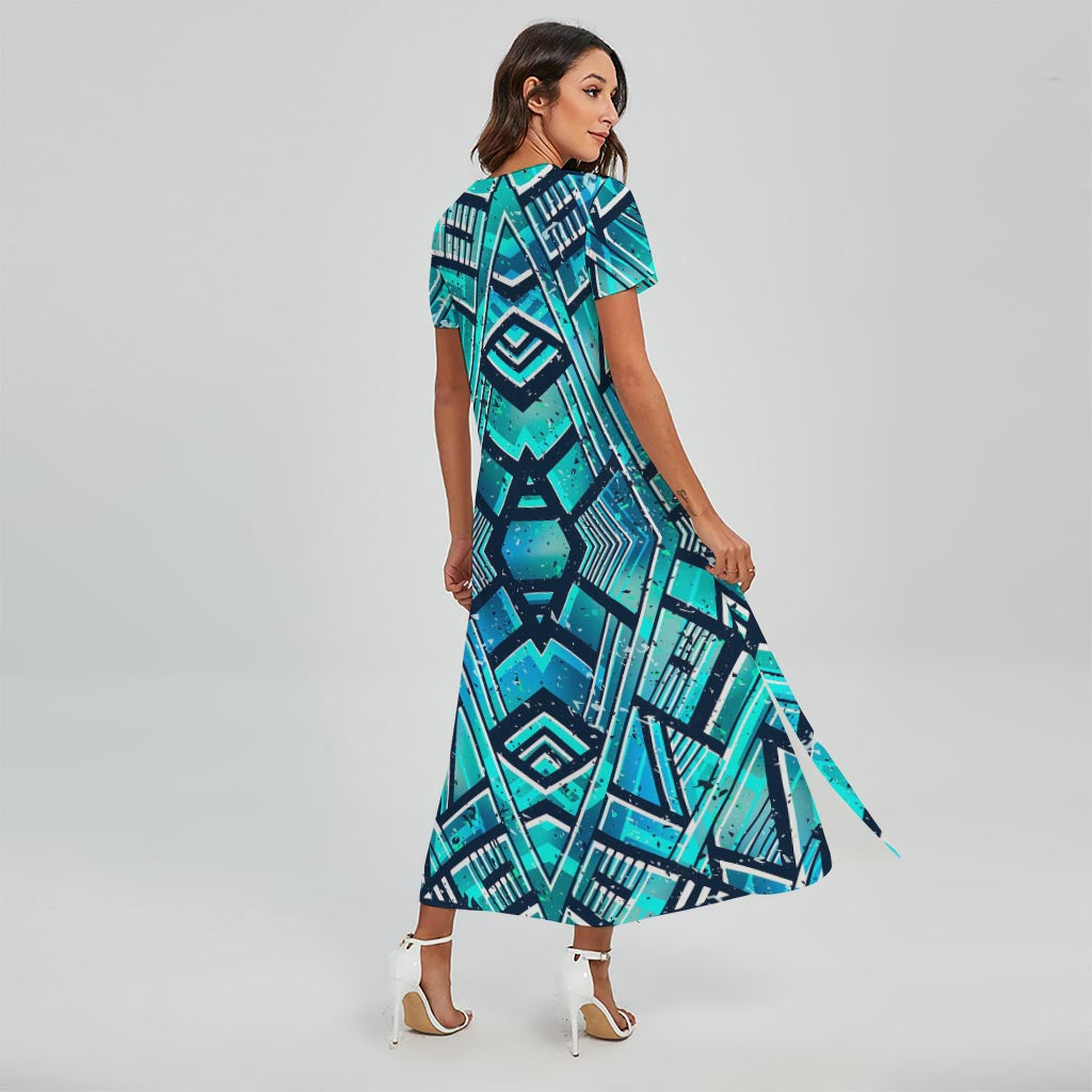 Turquoise Ethnic Aztec Trippy Print Short Sleeve Maxi Dress