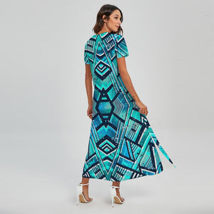 Turquoise Ethnic Aztec Trippy Print Short Sleeve Maxi Dress