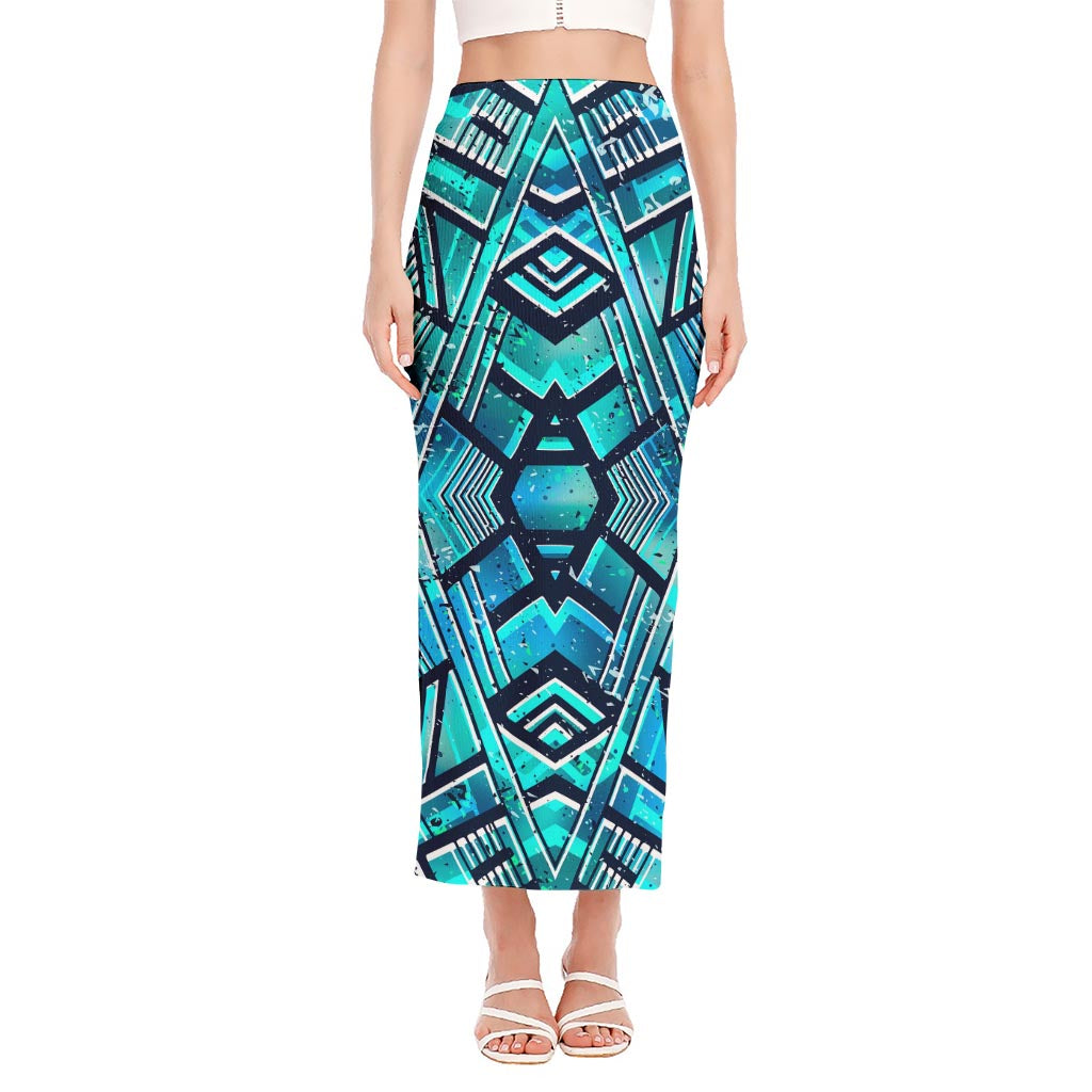 Turquoise Ethnic Aztec Trippy Print Side Slit Maxi Skirt