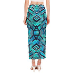 Turquoise Ethnic Aztec Trippy Print Side Slit Maxi Skirt