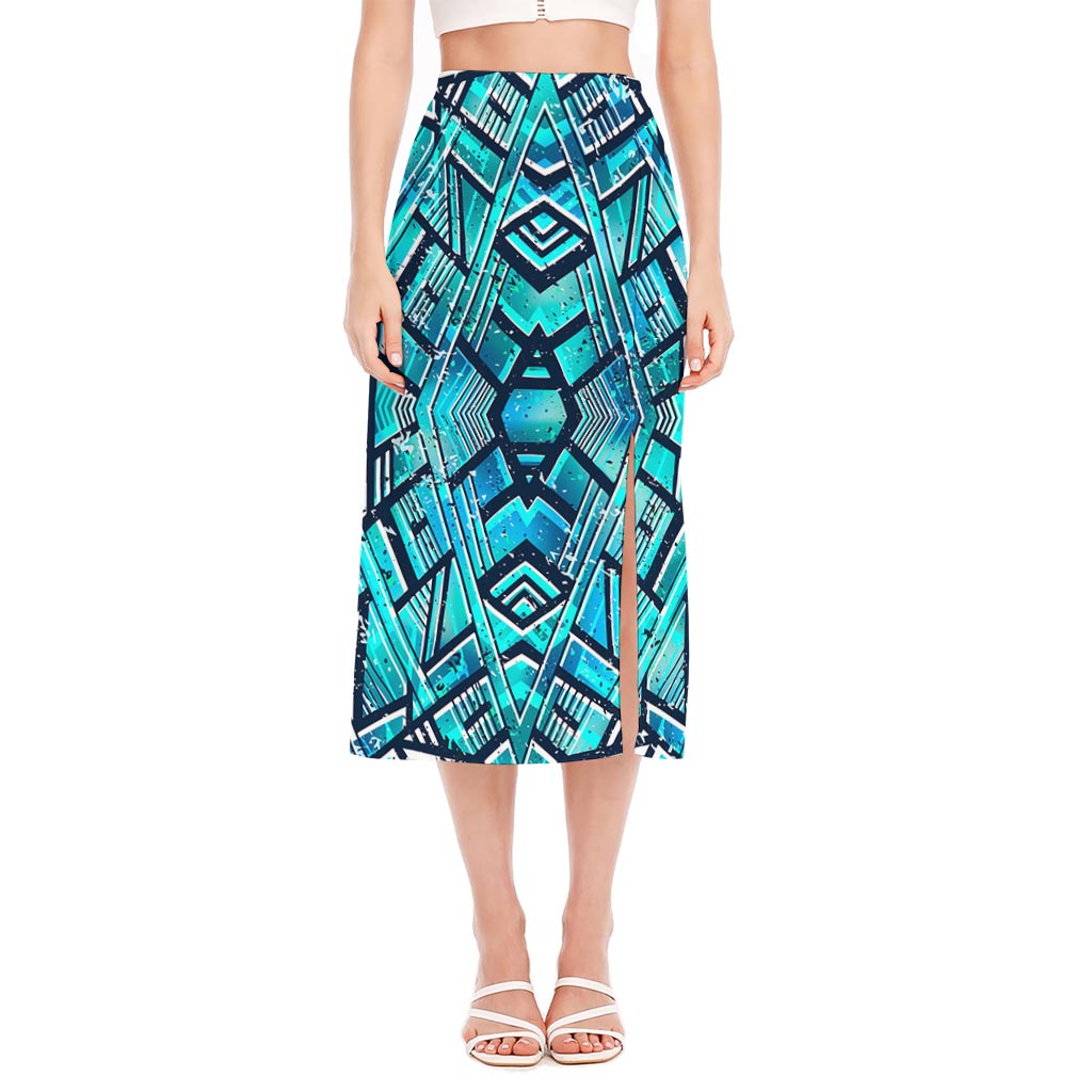 Turquoise Ethnic Aztec Trippy Print Side Slit Midi Skirt