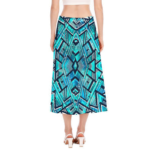 Turquoise Ethnic Aztec Trippy Print Side Slit Midi Skirt