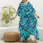 Turquoise Ethnic Aztec Trippy Print Silk V-Neck Kaftan Dress