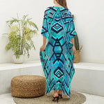 Turquoise Ethnic Aztec Trippy Print Silk V-Neck Kaftan Dress