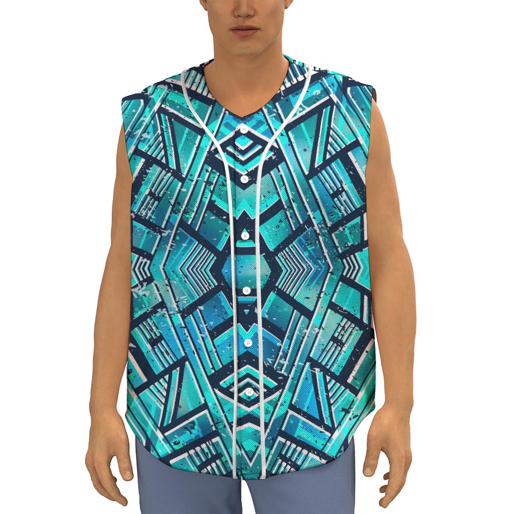 Turquoise Ethnic Aztec Trippy Print Sleeveless Baseball Jersey