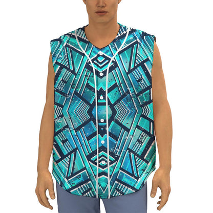 Turquoise Ethnic Aztec Trippy Print Sleeveless Baseball Jersey