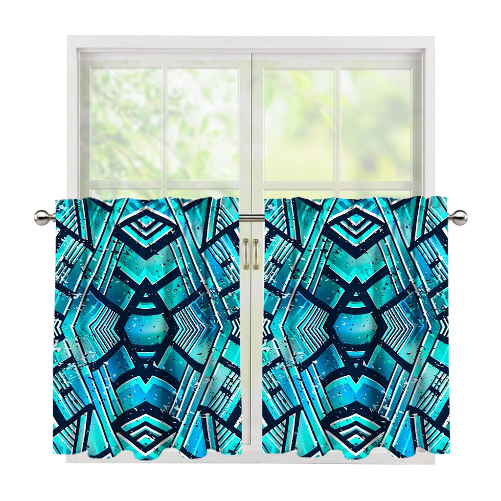 Turquoise Ethnic Aztec Trippy Print Tier Curtains
