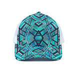 Turquoise Ethnic Aztec Trippy Print White Mesh Trucker Cap
