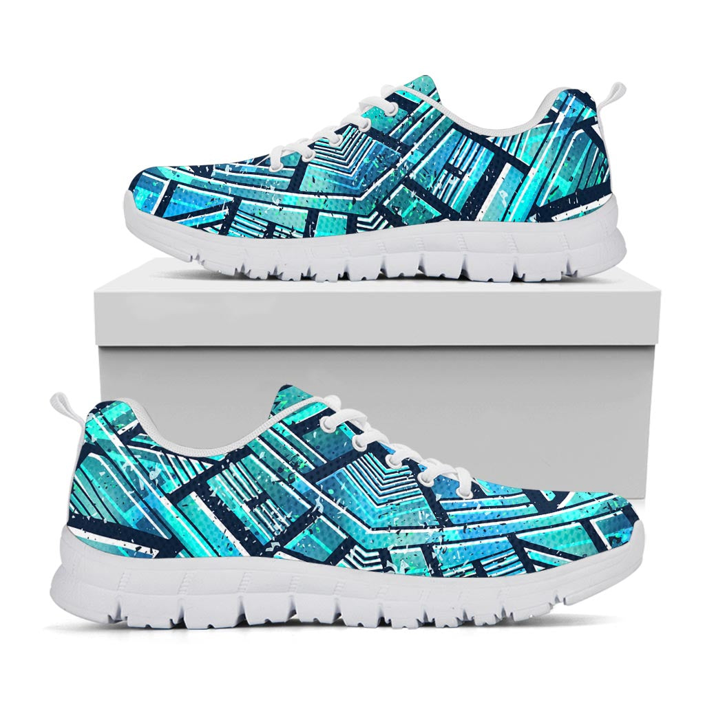 Turquoise Ethnic Aztec Trippy Print White Running Shoes