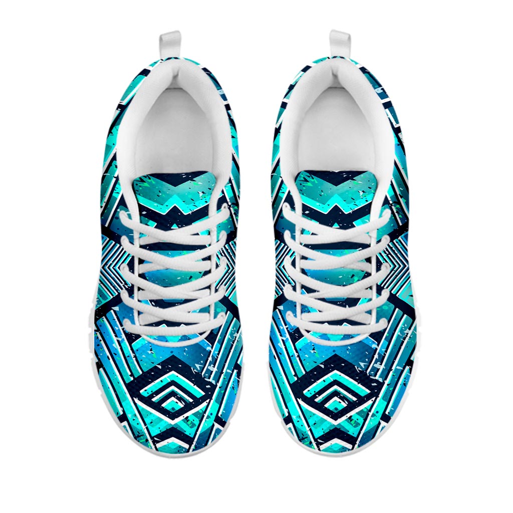 Turquoise Ethnic Aztec Trippy Print White Running Shoes