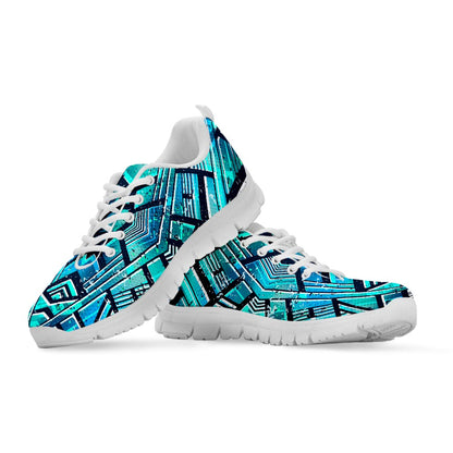 Turquoise Ethnic Aztec Trippy Print White Running Shoes