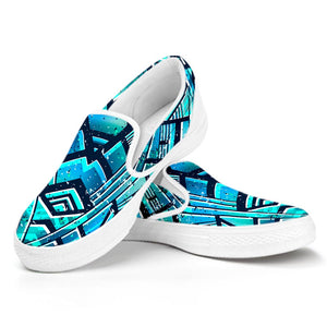 Turquoise Ethnic Aztec Trippy Print White Slip On Sneakers