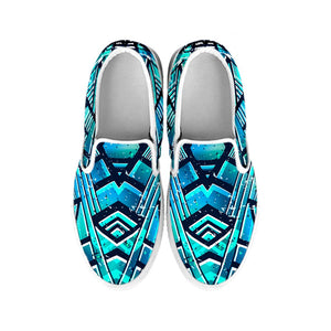 Turquoise Ethnic Aztec Trippy Print White Slip On Sneakers