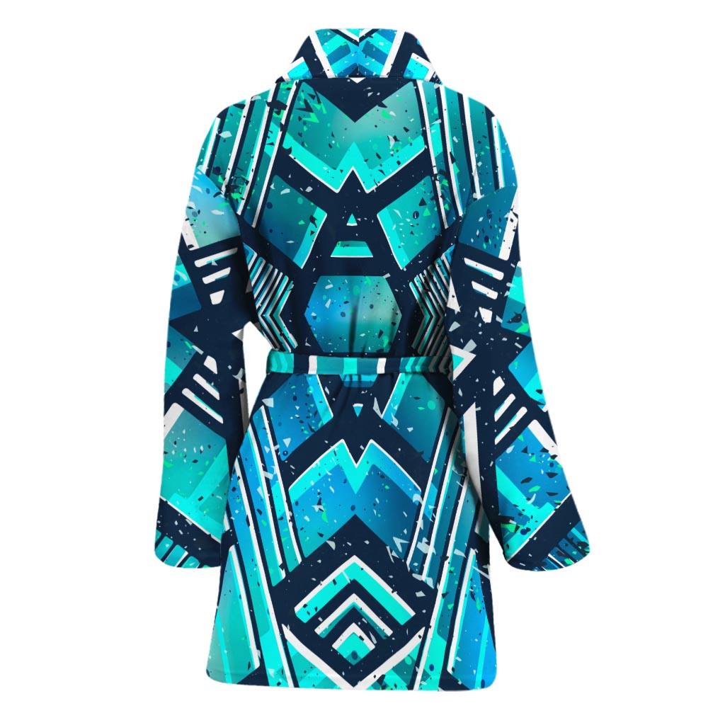 Turquoise Ethnic Aztec Trippy Print Women's Bathrobe
