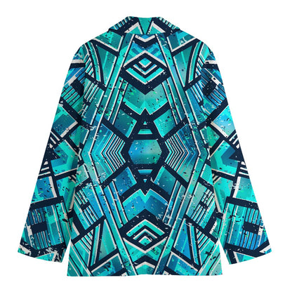 Turquoise Ethnic Aztec Trippy Print Women's Blazer