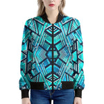 Turquoise Ethnic Aztec Trippy Print Women's Bomber Jacket