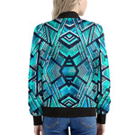 Turquoise Ethnic Aztec Trippy Print Women's Bomber Jacket