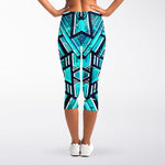 Turquoise Ethnic Aztec Trippy Print Women's Capri Leggings