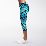 Turquoise Ethnic Aztec Trippy Print Women's Capri Leggings