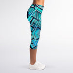Turquoise Ethnic Aztec Trippy Print Women's Capri Leggings