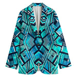 Turquoise Ethnic Aztec Trippy Print Women's Cotton Blazer