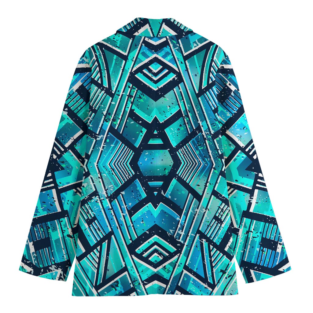 Turquoise Ethnic Aztec Trippy Print Women's Cotton Blazer