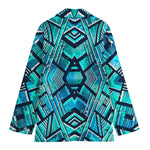 Turquoise Ethnic Aztec Trippy Print Women's Cotton Blazer