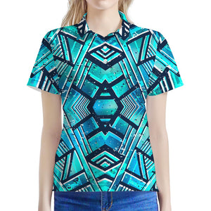 Turquoise Ethnic Aztec Trippy Print Women's Polo Shirt