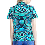 Turquoise Ethnic Aztec Trippy Print Women's Polo Shirt