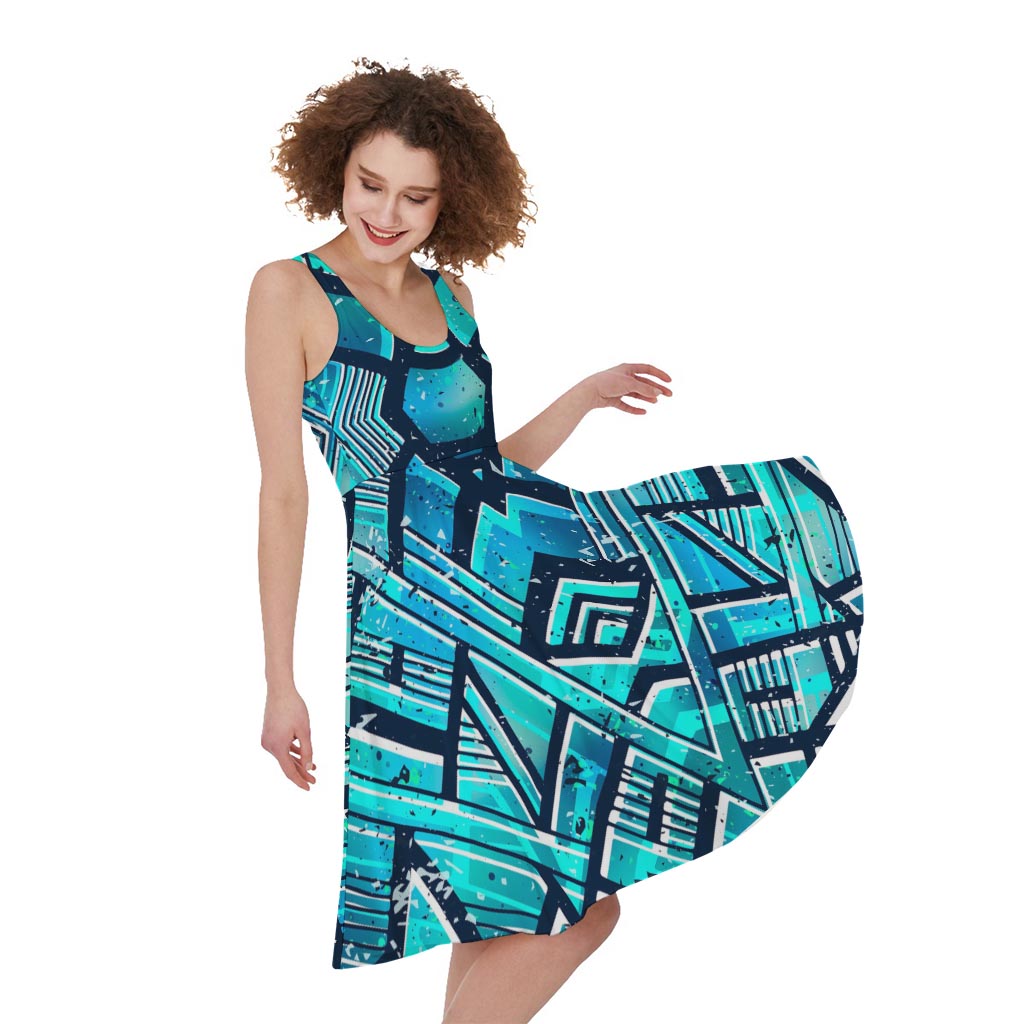 Turquoise Ethnic Aztec Trippy Print Women's Sleeveless Dress