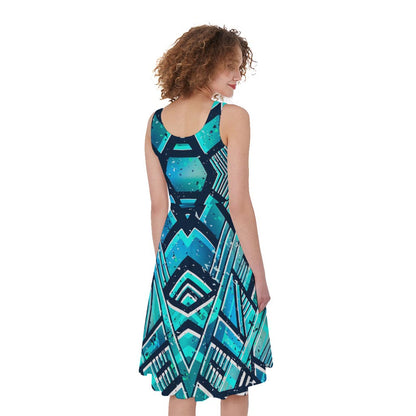 Turquoise Ethnic Aztec Trippy Print Women's Sleeveless Dress