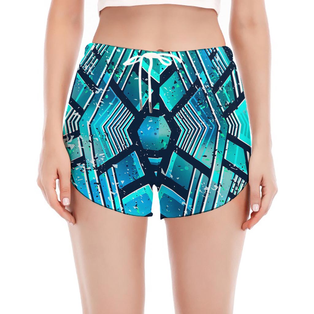Turquoise Ethnic Aztec Trippy Print Women's Split Running Shorts