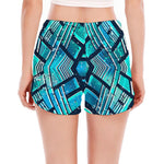 Turquoise Ethnic Aztec Trippy Print Women's Split Running Shorts
